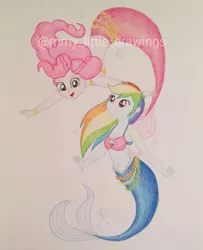 Size: 1079x1326 | Tagged: safe, artist:mmy_little_drawings, derpibooru import, pinkie pie, rainbow dash, mermaid, equestria girls, :d, bikini, bikini top, clothes, duo, eyelashes, female, grin, image, jpeg, lesbian, mermaid dash, mermaidized, open mouth, pinkiedash, shipping, smiling, species swap, swimsuit, traditional art, watermark