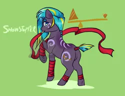 Size: 1300x1000 | Tagged: safe, artist:lavvythejackalope, derpibooru import, oc, unofficial characters only, earth pony, pony, arm wraps, base used, earth pony oc, frog (hoof), green background, image, png, raised hoof, simple background, solo, tail wrap, tattoo, underhoof