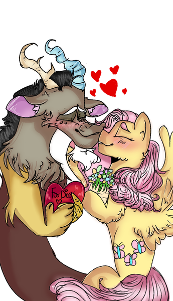 Size: 540x938 | Tagged: safe, artist:cocolove2176, derpibooru import, discord, fluttershy, draconequus, pegasus, pony, blushing, bouquet, discoshy, eyes closed, facial hair, female, flower, goatee, heart, hug, image, male, mare, png, shipping, simple background, smiling, straight, white background, wings