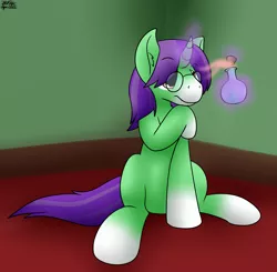Size: 1911x1875 | Tagged: safe, artist:the-furry-railfan, derpibooru import, oc, oc:crescent star, unofficial characters only, unicorn, bottle, cork, curious, fumes, glasses, image, indoors, magic, png, potion, sitting, telekinesis