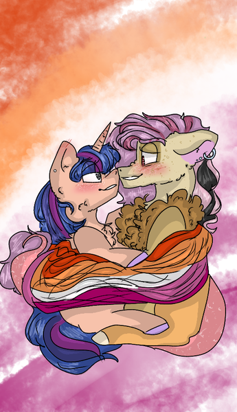 Size: 540x938 | Tagged: safe, artist:cocolove2176, derpibooru import, oc, draconequus, hybrid, pony, unicorn, abstract background, bust, chest fluff, colored hooves, draconequus oc, female, grin, horn, hug, image, interspecies offspring, lesbian, lesbian pride flag, looking at each other, mare, offspring, parent:discord, parent:flash sentry, parent:fluttershy, parent:twilight sparkle, parents:discoshy, parents:flashlight, png, pride, pride flag, smiling, unicorn oc