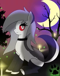 Size: 2480x3139 | Tagged: safe, artist:qnighter, derpibooru import, ponified, firefly (insect), hellhound, insect, pony, candle, clothes, collar, disguise, helluva boss, image, looking at you, loona (helluva boss), moon, night, png, sky, socks, solo, tree