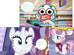 Size: 1742x1289 | Tagged: safe, derpibooru import, rarity, sweetie belle, cat, pony, unicorn, stare master, belle sisters, cape, carousel boutique, clothes, crossover, image, makeup, nicole watterson, oops, png, shocked, shocked expression, smiling, speech bubble, store, sweetie fail, the amazing world of gumball, this will end in tears