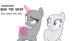 Size: 1280x720 | Tagged: safe, artist:kingbases, derpibooru import, oc, unofficial characters only, alicorn, earth pony, pony, alicorn oc, bald, base, bedroom eyes, duo, earth pony oc, eyelashes, female, grin, horn, image, mare, png, simple background, smiling, transparent background, wings