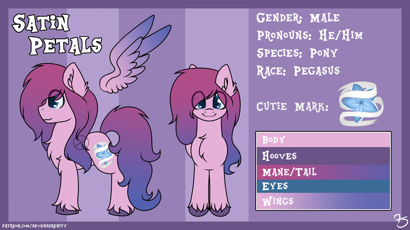 Size: 5760x3240 | Tagged: safe, artist:sevenserenity, derpibooru import, oc, oc:satin petals, unofficial characters only, pegasus, pony, flower, gradient mane, image, png, reference sheet, unshorn fetlocks