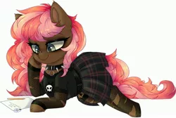 Size: 3893x2613 | Tagged: safe, artist:_spacemonkeyz_, deleted from derpibooru, derpibooru import, oc, oc:scarlet trace (coffee bean), earth pony, pony, clothes, collar, female, fishnets, flower, goth, image, jpeg, mare, paper, pencil, shirt, skirt, solo