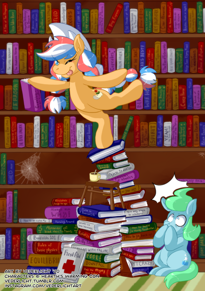 Size: 1061x1500 | Tagged: safe, artist:genolover, banned from derpibooru, deleted from derpibooru, derpibooru import, oc, oc:ember (hwcon), oc:glace (hwcon), book, bookshelf, hearth's warming con, image, library, mascot, png, solo, spider web, this will end in pain, tongue out