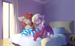 Size: 1920x1200 | Tagged: safe, artist:lunar froxy, derpibooru import, oc, oc:pinkfull night, oc:ponepony, unofficial characters only, bat pony, earth pony, pony, bat pony oc, bat wings, bedroom, chest fluff, clothes, commission, duo, ear fluff, female, glasses, image, mare, png, shy, smiling, socks, striped socks, teenager, wings