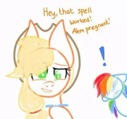 Size: 539x503 | Tagged: artist needed, safe, derpibooru import, applejack, rainbow dash, earth pony, pegasus, pony, appledash, dialogue, exclamation point, female, image, implied magical lesbian spawn, jpeg, lesbian, pregnancy test, pregnant, shipping