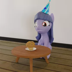 Size: 3240x3240 | Tagged: safe, artist:the luna fan, derpibooru import, oc, oc:cosmia nebula, unofficial characters only, 3d, birthday, blender, derpibooru exclusive, food, happy, hat, high res, image, muffin, party hat, png, smiling, table