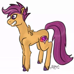 Size: 1050x1050 | Tagged: safe, alternate version, artist:random_glitter_productions, derpibooru import, scootaloo, pegasus, pony, background removed, cutie mark, female, filly, grin, image, jpeg, signature, simple background, smiling, solo, the cmc's cutie marks, unshorn fetlocks, white background, wings