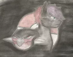 Size: 2708x2124 | Tagged: safe, artist:cindertale, derpibooru import, oc, unofficial characters only, earth pony, pony, torterra, bust, crossover, duo, earth pony oc, glasses, image, jpeg, male, pokémon, stallion, traditional art