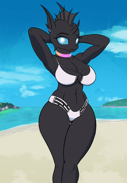 Size: 2644x3789 | Tagged: suggestive, artist:thehuskylord, derpibooru import, oc, oc:trill, anthro, changeling, beach, big breasts, bikini, breasts, busty changeling, changeling oc, clothes, cloud, collar, ear piercing, horn, image, island, piercing, png, swimsuit, white bikini, wingless, wingless anthro
