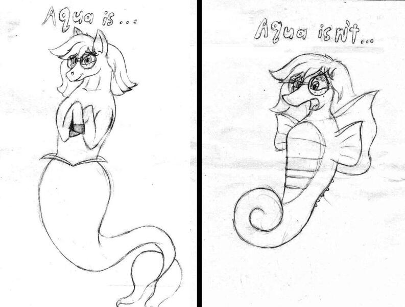 Size: 1176x890 | Tagged: safe, artist:barn-flakes, derpibooru import, oc, oc:aqua, unofficial characters only, seahorse, sea pony, barely pony related, duo, female, freckles, glasses, image, jpeg, lineart, monochrome, open mouth, signature, traditional art