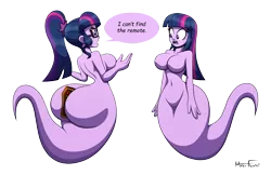 Size: 5100x3300 | Tagged: suggestive, artist:hyperflannel, derpibooru import, sci-twi, twilight sparkle, genie, equestria girls, ass, barbie doll anatomy, belly button, breasts, busty sci-twi, busty twilight sparkle, butt, featureless breasts, featureless crotch, female, females only, floating, geniefied, glasses, high res, image, large butt, nudity, open mouth, png, remote, sci-twibutt, self paradox, shocked, shrug, simple background, speech bubble, thighlight sparkle, thighs, thunder thighs, transformation, transparent background, twibutt, twolight, wide hips