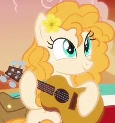 Size: 967x1039 | Tagged: safe, derpibooru import, screencap, pear butter, earth pony, pony, the perfect pear, cropped, cute, female, flower, flower in hair, guitar, image, mare, musical instrument, pearabetes, png, solo