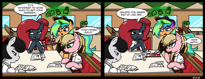 Size: 3165x1218 | Tagged: safe, artist:n-o-n, derpibooru import, oc, oc:jessi-ka, earth pony, pony, clothes, comic, disgusted, fast food, food, group, image, mcdonald's, mocking, png, restaurant, school uniform, schoolgirl, waitress