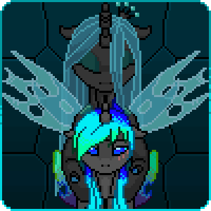 Size: 300x300 | Tagged: safe, artist:imreer, derpibooru import, queen chrysalis, oc, oc:kryostasis, changeling, changeling queen, pony, animated, blinking, blushing, changeling oc, commission, duo, female, gif, image, lidded eyes, mare, pixel art, spread wings, wings, ych result