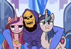 Size: 1162x800 | Tagged: safe, artist:duckmagee, derpibooru import, princess cadance, shining armor, alicorn, pony, unicorn, angry, cadance is not amused, crystal empire, fimfiction, he-man and the masters of the universe, image, jpeg, skeletor, unamused