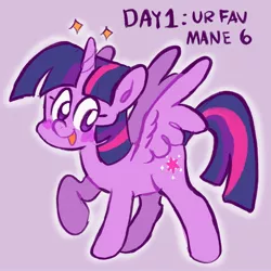 Size: 2048x2048 | Tagged: safe, artist:alexbeeza, derpibooru import, twilight sparkle, twilight sparkle (alicorn), alicorn, pony, cute, februpony, female, high res, image, jpeg, mare, no pupils, open mouth, purple background, simple background, solo, spread wings, twiabetes, wings