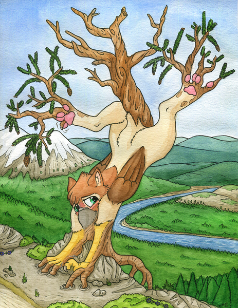 Size: 1100x1424 | Tagged: questionable, artist:icaron, derpibooru import, oc, oc:arvid, unofficial characters only, gryphon, blushing, dendrification, griffon oc, image, inanimate tf, male, mountain, paws, pinecone, pine tree, plant tf, png, roots, solo, solo male, story in the source, traditional art, transformation, tree, underpaw, upside down, watercolor painting, wiggle
