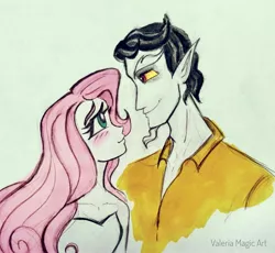 Size: 3165x2908 | Tagged: safe, artist:valeriamagicart, derpibooru import, discord, fluttershy, human, blushing, discoshy, female, humanized, image, jpeg, looking at each other, male, shipping, straight, strapless, traditional art, younger