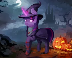 Size: 3103x2485 | Tagged: safe, artist:dukevonkessel, derpibooru import, twilight sparkle, pony, castle, clothes, costume, full moon, halloween, halloween costume, hat, high res, holiday, horn, image, jpeg, magic, moon, night, solo
