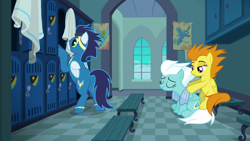 Size: 1280x720 | Tagged: safe, derpibooru import, screencap, blaze, fleetfoot, soarin', pegasus, pony, newbie dash, butt, clothes, female, goggles, image, locker room, male, mare, massage, plot, png, stallion, towel, underhoof, uniform, wonderbolts uniform