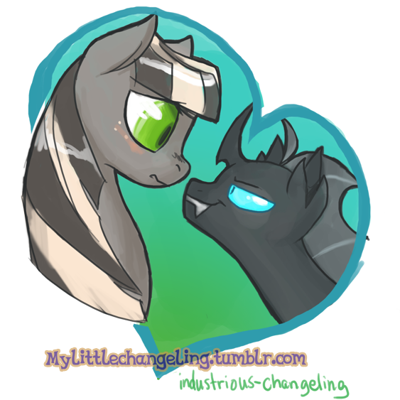 Size: 563x563 | Tagged: safe, artist:dinkelion, banned from derpibooru, deleted from derpibooru, derpibooru import, oc, oc:doppel, oc:gloomy (ic), unofficial characters only, changeling, earth pony, pony, blushing, duo, heart, image, png