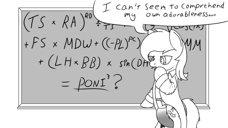 Size: 1920x1080 | Tagged: questionable, artist:spritepony, derpibooru import, oc, oc:snow frost, unofficial characters only, earth pony, pony, bipedal, chalkboard, clothes, diaper, diaper fetish, earth pony oc, fancy mathematics, female, fetish, image, lab coat, lineart, mare, math, monochrome, non-baby in diaper, png, poofy diaper, silly, sketch, speech bubble, talking, talking to themself, thinking, wet diaper