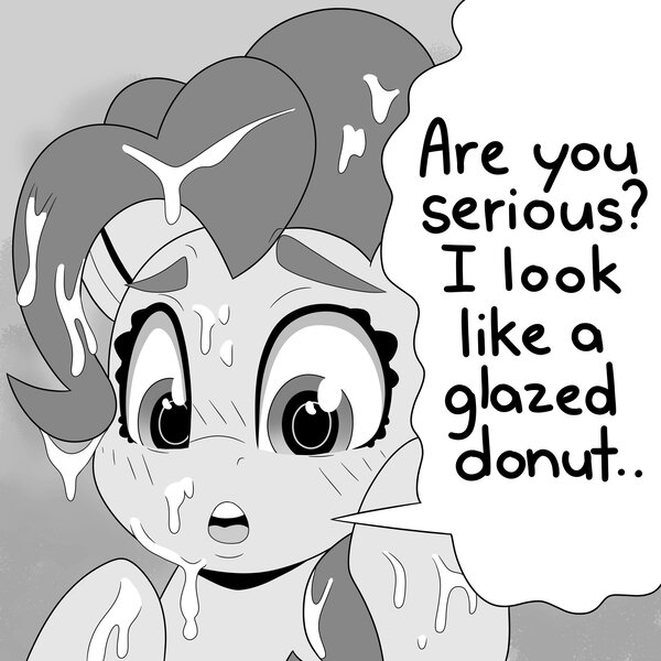 Size: 2048x2048 | Tagged: questionable, artist:partylikeanartist, derpibooru import, pinkie pie, earth pony, pony, blushing, bukkake, cum, cum in mane, cum on body, cum on hair, dialogue, female, grayscale, image, jpeg, manga, mare, monochrome, redraw, solo, solo female, speech bubble, text