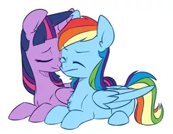 Size: 2663x2059 | Tagged: safe, artist:chub-wub, derpibooru import, rainbow dash, twilight sparkle, twilight sparkle (alicorn), alicorn, pegasus, pony, cropped, eyes closed, female, image, jpeg, lesbian, mare, nuzzling, shipping, simple background, twidash, white background