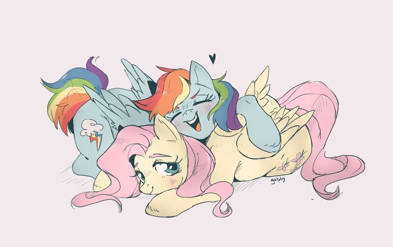 Size: 1695x1065 | Tagged: safe, artist:kotletova97, derpibooru import, fluttershy, rainbow dash, pegasus, pony, blushing, cute, dashabetes, female, flutterdash, heart, image, jpeg, lesbian, lying down, mare, prone, shipping, shyabetes, simple background