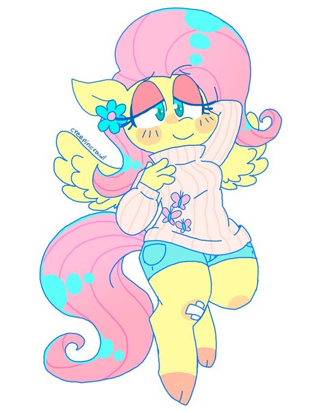 Size: 966x1218 | Tagged: safe, artist:creepincrawl, derpibooru import, fluttershy, anthro, pegasus, pony, unguligrade anthro, arm behind head, bandaid, blushing, clothes, cloven hooves, cute, female, floppy ears, image, jpeg, lidded eyes, shorts, shyabetes, simple background, smiling, solo, sweater, sweatershy, turtleneck, white background