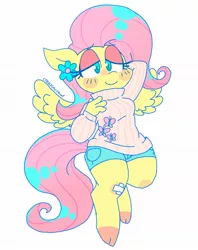 Size: 966x1218 | Tagged: safe, artist:creepincrawl, derpibooru import, fluttershy, anthro, pegasus, pony, unguligrade anthro, arm behind head, bandaid, blushing, clothes, cloven hooves, cute, female, floppy ears, image, jpeg, lidded eyes, shorts, shyabetes, simple background, smiling, solo, sweater, sweatershy, turtleneck, white background