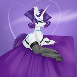 Size: 3558x3540 | Tagged: suggestive, artist:sugarypolecat, derpibooru import, rarity, unicorn, anatomically incorrect, blue eyes, clothes, ear piercing, earring, glitter, horn, image, incorrect leg anatomy, jewelry, lipstick, necklace, panties, pearl necklace, piercing, png, purple hair, purple hooves, purple mane, socks, stockings, thigh highs, underwear
