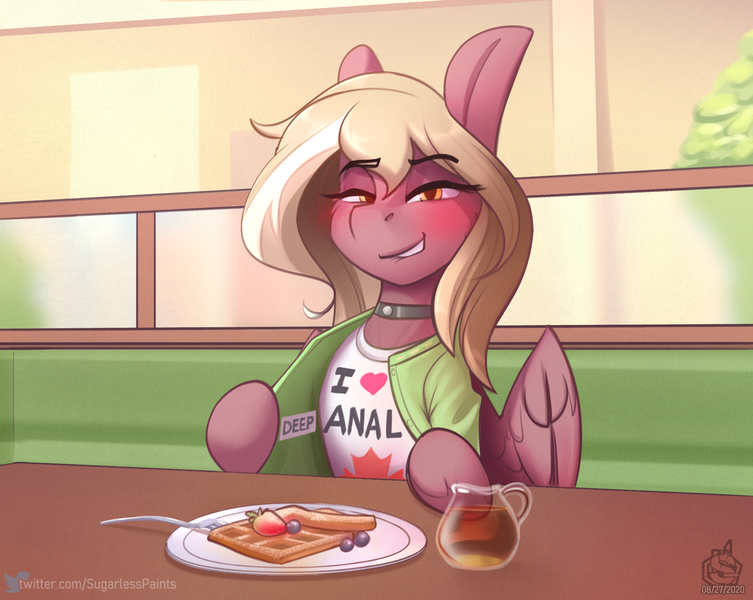 Size: 1699x1353 | Tagged: suggestive, alternate version, artist:sugarlesspaints, derpibooru import, oc, oc:copper crescendo, unofficial characters only, pegasus, pony, bedroom eyes, blushing, choker, clothes, female, food, fruit, herbivore, image, implied anal, implied sex, lip bite, looking at you, maple syrup, mare, png, shirt, sitting, solo, syrup, this will end in anal, waffle