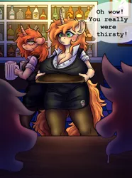 Size: 2652x3568 | Tagged: suggestive, alternate version, artist:miink3, derpibooru import, oc, oc:tipsy sip, oc:turvy tip, unofficial characters only, anthro, unicorn, art pack:thiccer than a sniccer, alcohol, bar, bedroom eyes, beer, big breasts, blushing, bottle, breast rest, breasts, clothes, dialogue, digital art, drool, drool string, female, horn, image, male, mug, open mouth, png, speech bubble, tail, thighs, tongue out, unamused