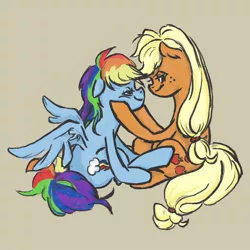 Size: 1000x1000 | Tagged: safe, artist:laya-21, derpibooru import, applejack, rainbow dash, earth pony, pegasus, pony, appledash, female, head in hooves, image, jpeg, lesbian, looking at each other, shipping, simple background, sitting, smiling