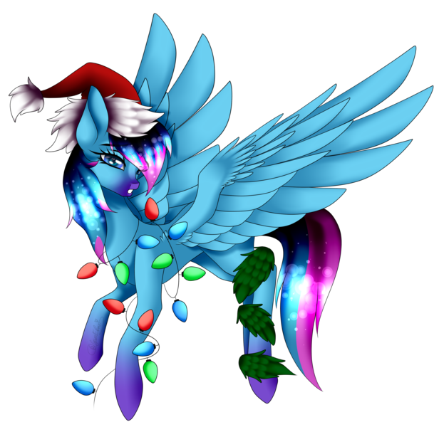 Size: 2093x2015 | Tagged: safe, artist:minelvi, derpibooru import, oc, unofficial characters only, pegasus, pony, christmas, christmas lights, commission, eyelashes, hat, holiday, image, looking back, pegasus oc, png, santa hat, simple background, solo, transparent background, wings, ych result