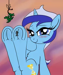 Size: 3400x4000 | Tagged: safe, alternate version, artist:littlenaughtypony, derpibooru import, part of a set, minuette, oc, oc:soulbreaker, pony, unicorn, bedroom eyes, blushing, female, fetish, frog (hoof), giantess, hoof fetish, image, jpeg, looking at you, macro, micro, mistletoe, smiling, tiny, underhoof