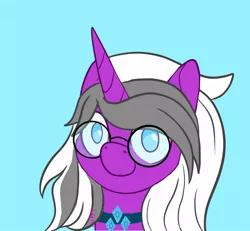 Size: 1300x1200 | Tagged: safe, artist:inkynotebook, derpibooru import, part of a set, oc, unofficial characters only, pony, unicorn, blue background, bust, choker, commission, glasses, horn, image, jpeg, signature, simple background, smiling, solo, unicorn oc, ych result