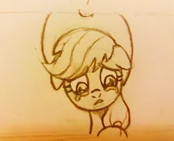 Size: 1080x873 | Tagged: safe, alternate version, artist:fernandojc-draftsman, derpibooru import, part of a set, applejack, earth pony, pony, bust, crying, female, floppy ears, hat, image, jpeg, lineart, mare, monochrome, sad, solo, traditional art