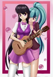 Size: 1175x1701 | Tagged: safe, artist:scs-g3-n17, derpibooru import, octavia melody, sonata dusk, human, equestria girls, breasts, busty octavia, clothes, cute, guitar, human coloration, humanized, image, jpeg, musical instrument, socks, sonatabetes, sontavia, stockings, thigh highs