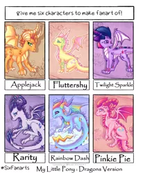 Size: 2000x2388 | Tagged: safe, artist:kokolat_spark, derpibooru import, applejack, fluttershy, pinkie pie, rainbow dash, rarity, twilight sparkle, dragon, six fanarts, claws, cloud, dragonified, dragonjack, eyelashes, female, flutterdragon, horns, image, looking back, mane six, nose piercing, nose ring, on a cloud, piercing, pinkiedragon, png, rainbow dragon, raridragon, species swap, twilidragon, wings