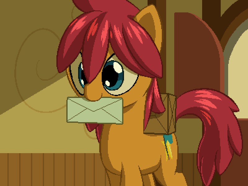 Size: 800x600 | Tagged: safe, artist:rangelost, derpibooru import, oc, oc:trailblazer, unofficial characters only, earth pony, pony, cyoa:d20 pony, door, envelope, female, image, indoors, mare, morning, mouth hold, package, png, solo
