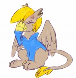 Size: 1866x1911 | Tagged: safe, artist:littleblackraencloud, derpibooru import, oc, oc:pad, gryphon, angry, clothes, colored sketch, cross-popping veins, facepalm, griffon oc, hoodie, image, jpeg, solo