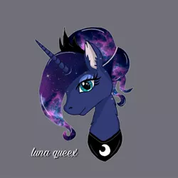 Size: 1080x1080 | Tagged: safe, artist:luna.queex, derpibooru import, princess luna, alicorn, pony, alternate hairstyle, bust, ear fluff, ethereal mane, eyelashes, female, galaxy mane, gray background, horn, image, jewelry, jpeg, mare, peytral, signature, simple background, solo, tiara