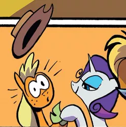 Size: 342x345 | Tagged: safe, artist:andypriceart, derpibooru import, idw, applejack, rarity, earth pony, pony, unicorn, spoiler:comic89, applejack's hat, cowboy hat, cropped, hat, image, jpeg, official comic, season 10