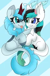 Size: 1974x2986 | Tagged: safe, artist:pegamutt, derpibooru import, oc, oc:frost flare, oc:vixenin, kirin, :p, cloven hooves, cuddling, cute, heart, hoof fluff, horn, image, kirin oc, looking at each other, multiple horns, one eye closed, png, simple background, tongue out